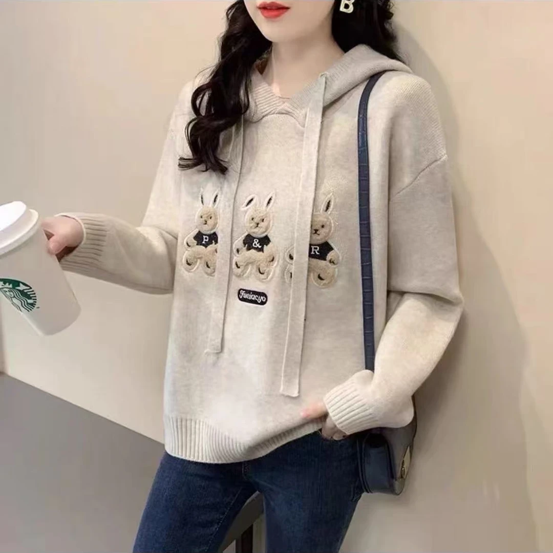 秋冬连帽兔子韩版时尚宽松基础休闲百搭圆领显瘦毛衣