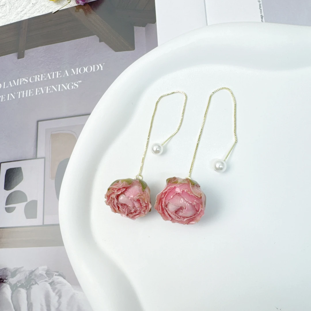 铜合金仿珍珠耳饰 NanNan家小清新手作玫瑰滴胶耳线干花长款耳饰