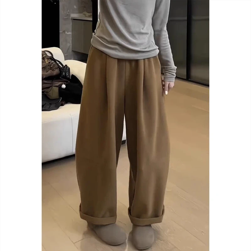 大码加厚毛呢阔腿休闲裤女秋冬新款显瘦九分萝卜裤小个子弯刀裤子