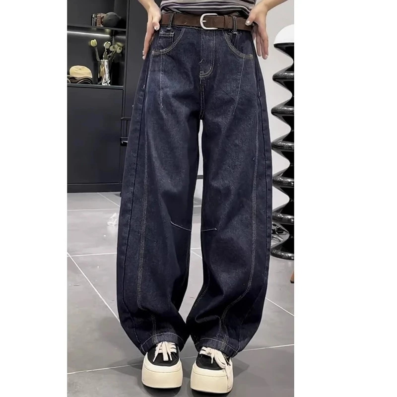 阔腿哈伦裤2024冬季新款牛仔裤子微胖MM显瘦大码弯刀裤遮肉萝卜裤