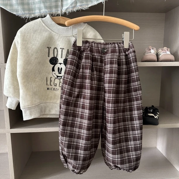 Q904-冬季新款儿童格子加绒休闲裤韩版