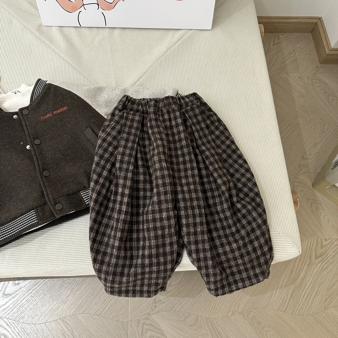 Q398-儿童加绒格子裤冬季新款中小童男童百搭洋气休闲长裤