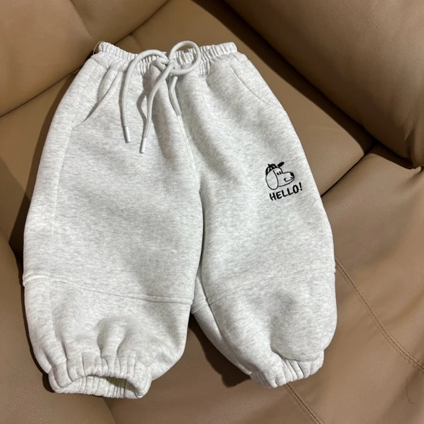 Q323-儿童冬季加绒花灰色小狗刺绣卫裤男童卫裤男童韩版女童宝宝