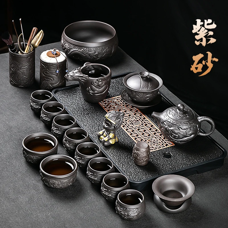 六晋祥龙浮雕紫砂功夫茶具套装高端全套家用轻奢高档茶壶盖碗茶杯