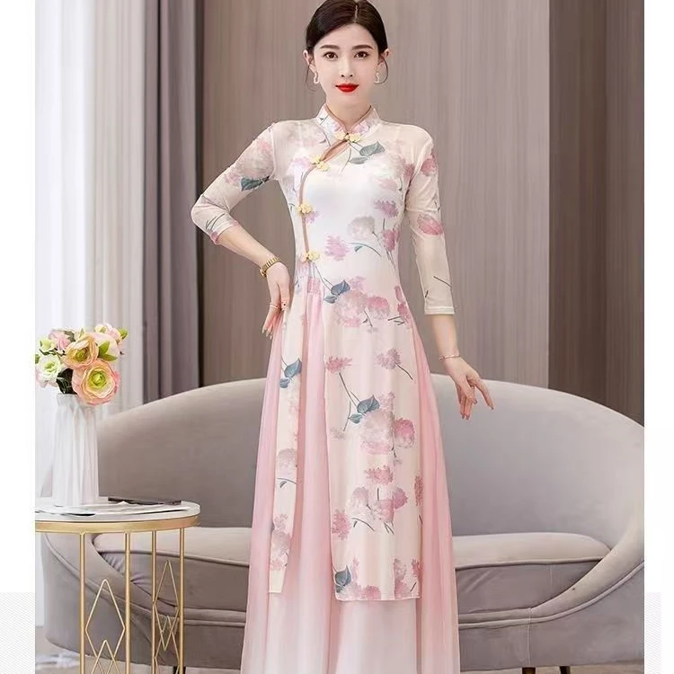 中国民族风古典舞蹈跳舞弹力旗袍身韵练功表演出服装女修身喇叭裤