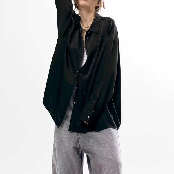 DENIMU LAB 黑色字母缎绸衬衫