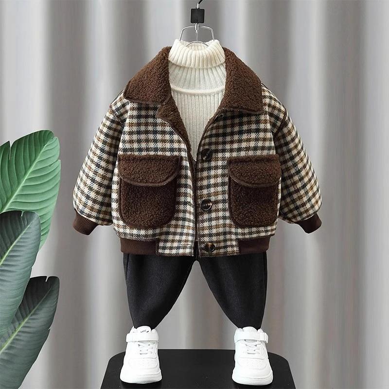 儿童加绒外套秋冬装宝宝冬季加绒加厚糕糕绒上衣儿童时髦格子衣服