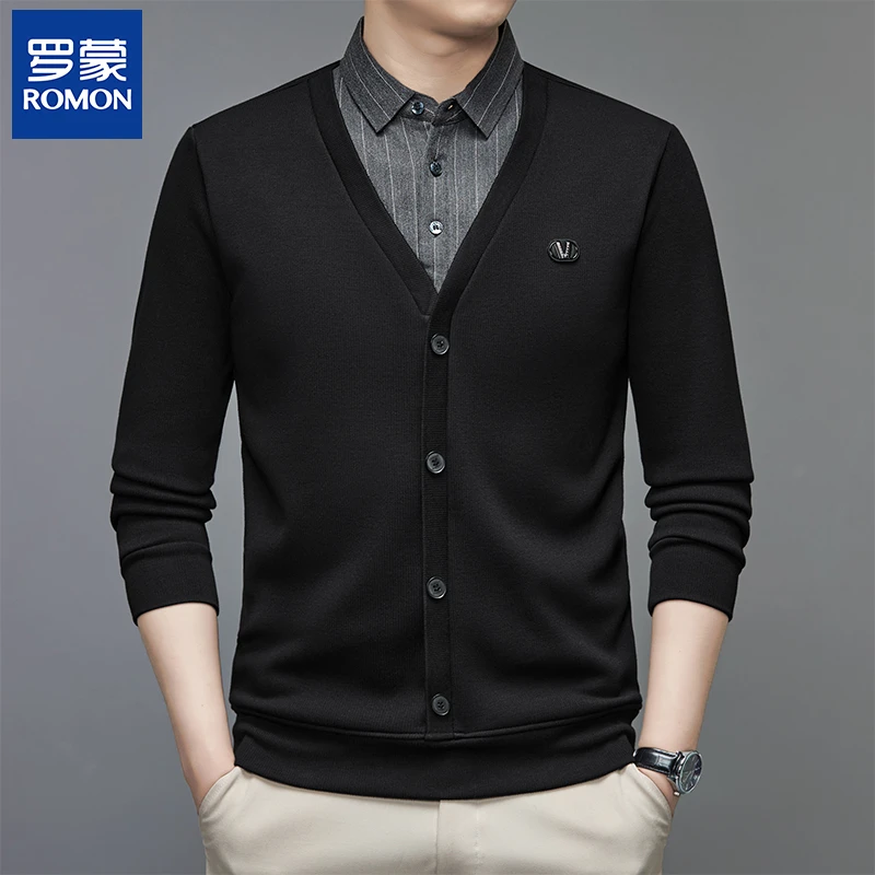 罗蒙【加绒加厚】保暖男士针织毛衣假两件衬衫领男士打底衫高档