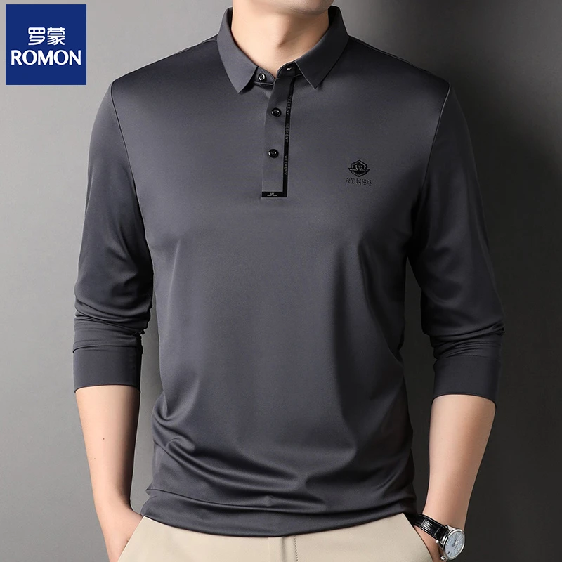 罗蒙男士长袖t恤春秋季薄款中年Polo衫无痕休闲爸爸装体恤上衣