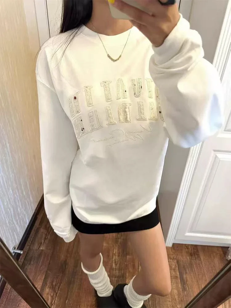 美式白色圆领刺绣字母卫衣女2025新款秋冬加绒加厚慵懒长袖上衣