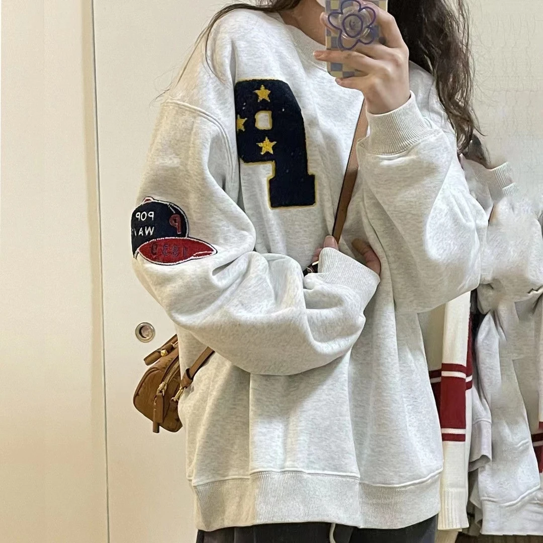 美式潮牌白灰色潮牌字母刺绣卫衣女加绒宽松oversize休闲百搭上衣