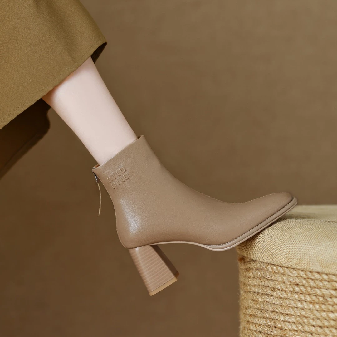 羊皮 6.5厘米 34-42 方头粗跟 高跟 真皮短靴秋冬时装靴百搭靴子