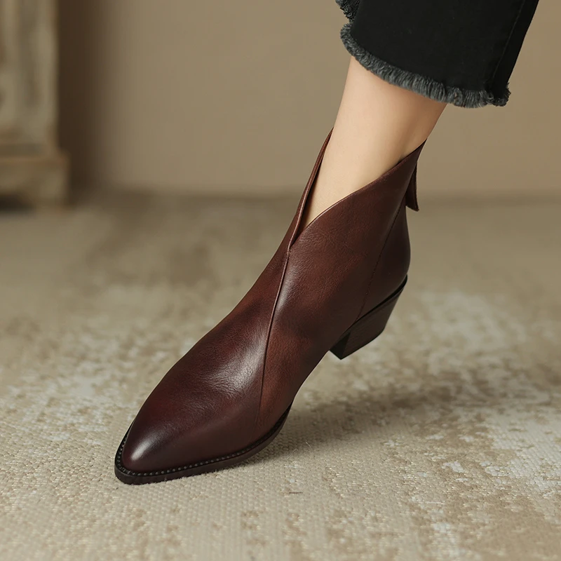 牛皮 34-40 4厘米 新款尖头时尚短筒 复古百搭 切尔西短靴粗跟