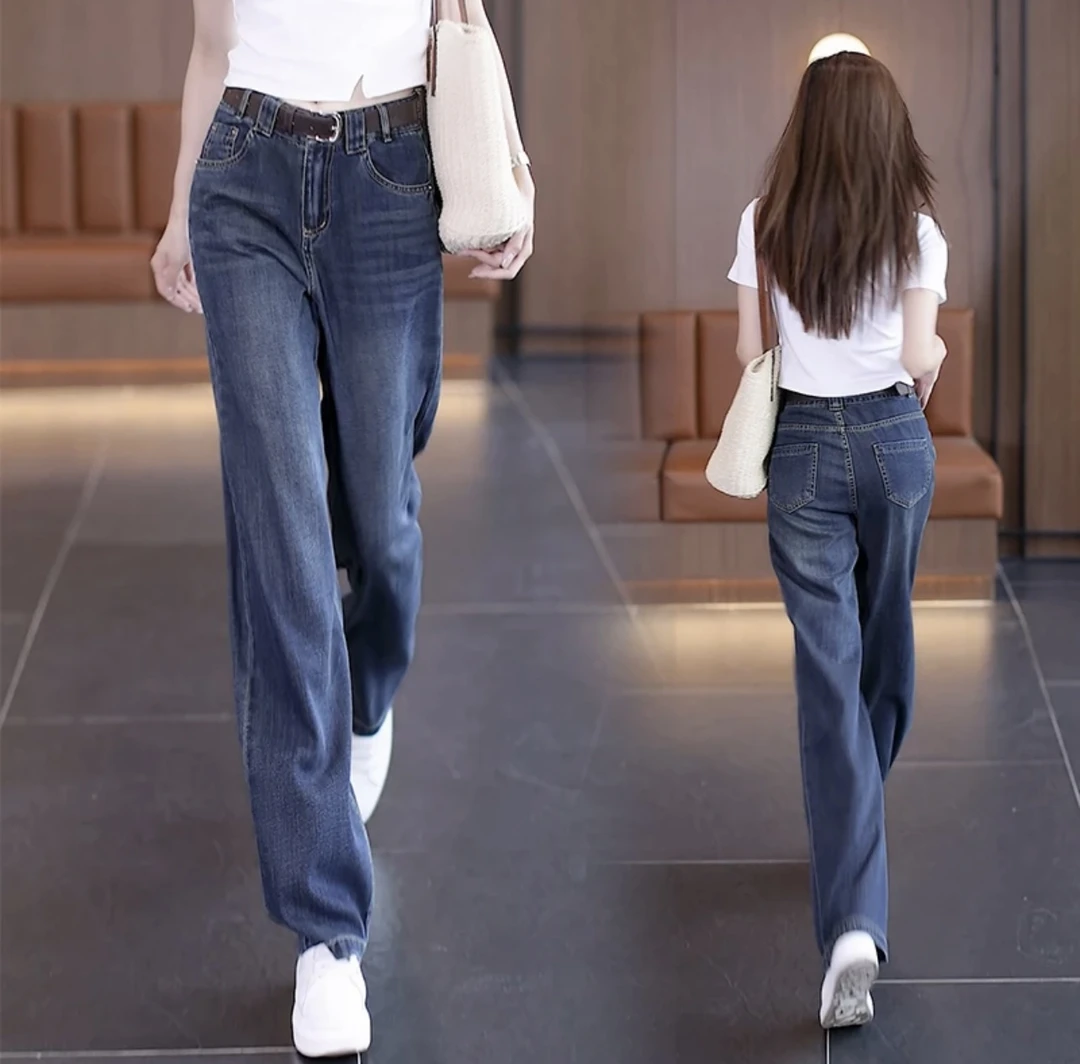 送皮带！！春夏新款2025直筒窄版阔腿牛仔裤夏季显瘦高腰弹力牛仔
