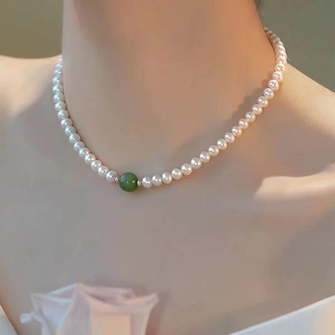 钛钢仿珍珠项链 新中式珍珠项链【224】绿珠拼接ins设计复古法式
