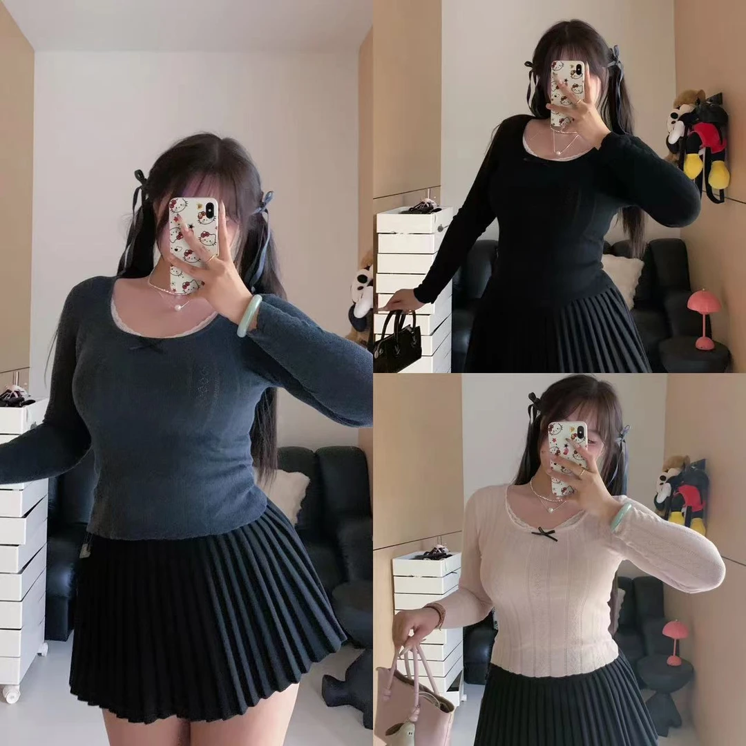 慧芝huizhi 3258拼接蕾丝上衣 少女纯欲蝴蝶结蕾丝弹力针织上衣