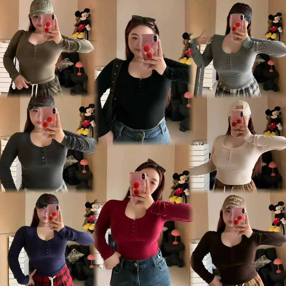 慧芝huizhi 8色纽扣长袖T 定制款 纯欲百搭纽扣显瘦长袖打底上衣