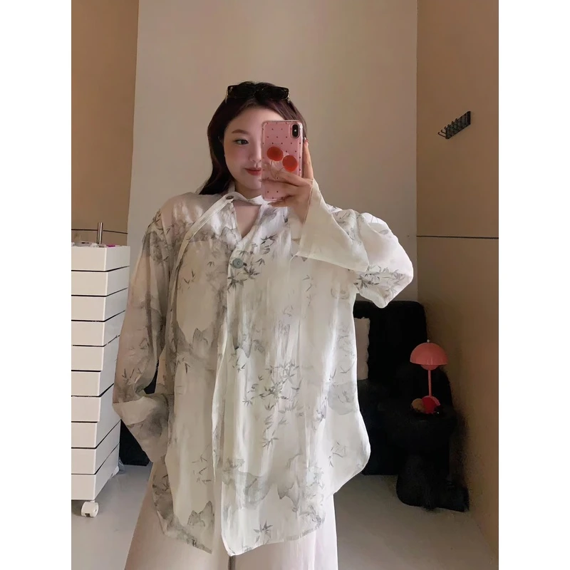 慧芝huizhi 4069 新中式水墨防晒开衫 毛边设计阔版防晒衬衣