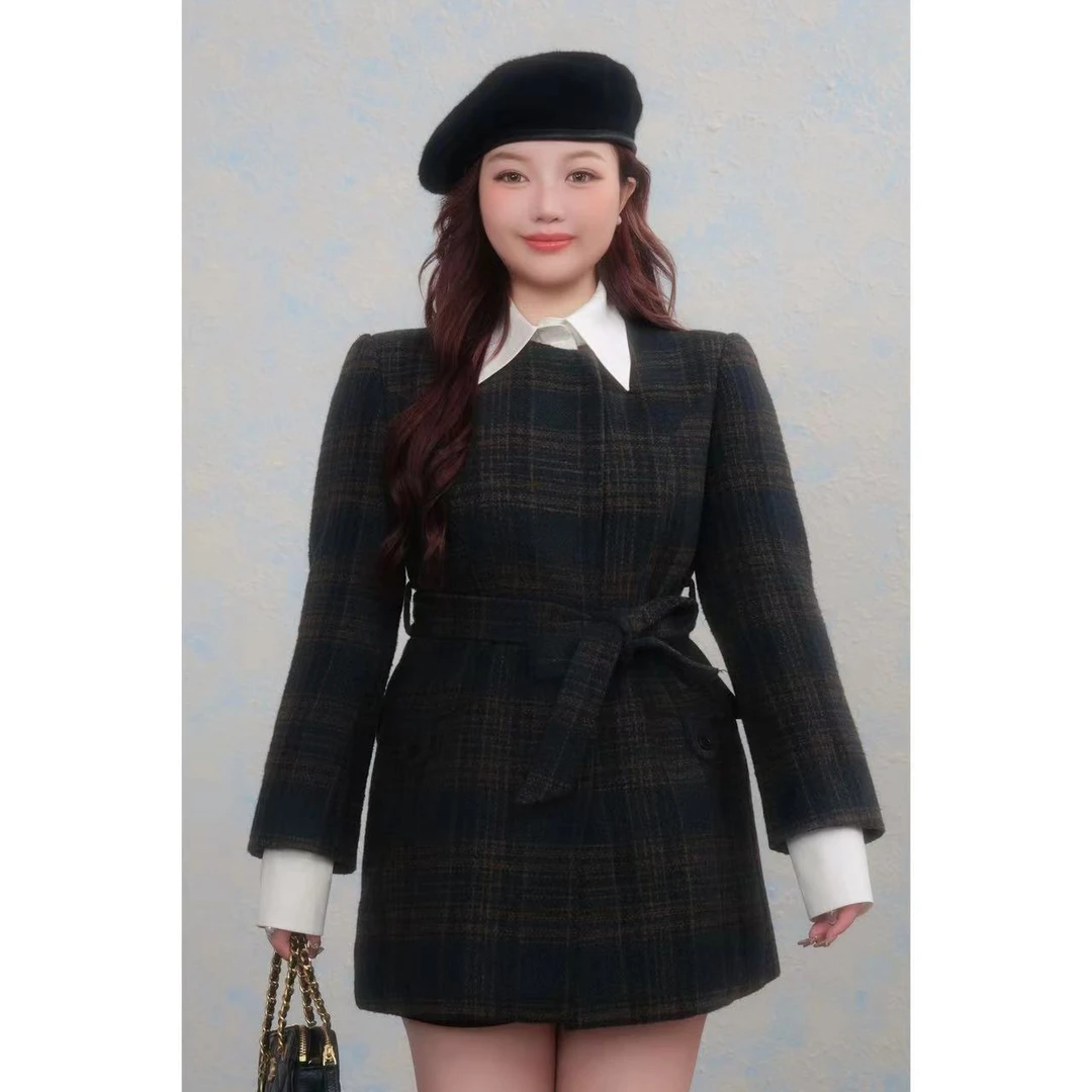 慧芝huizhi 复古大小姐 定制款 假两件格纹收腰大衣外套