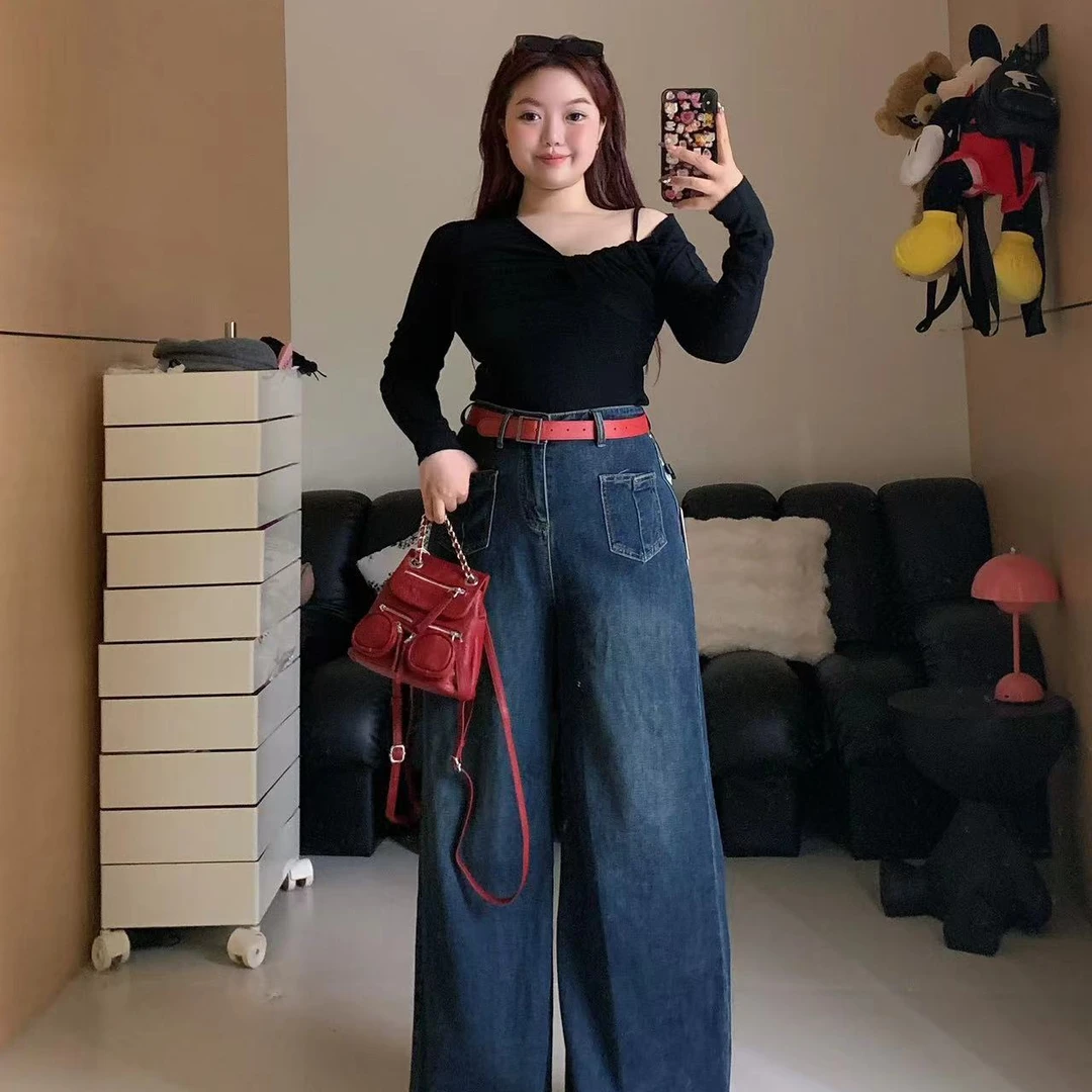 慧芝huizhi 28101 红腰带阔腿裤 定制款 高腰显瘦阔腿牛仔裤