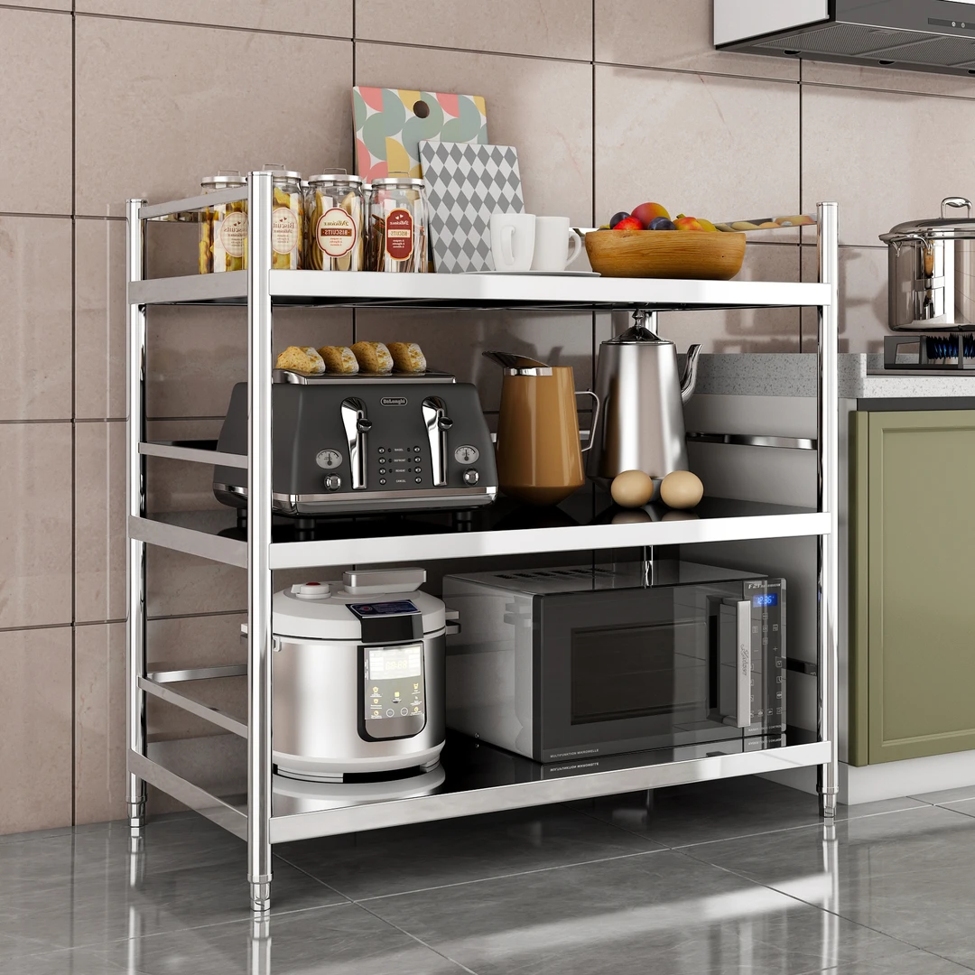 三层带围栏不锈钢厨房置物架家用加厚落地式厨房用烤箱架微波炉架