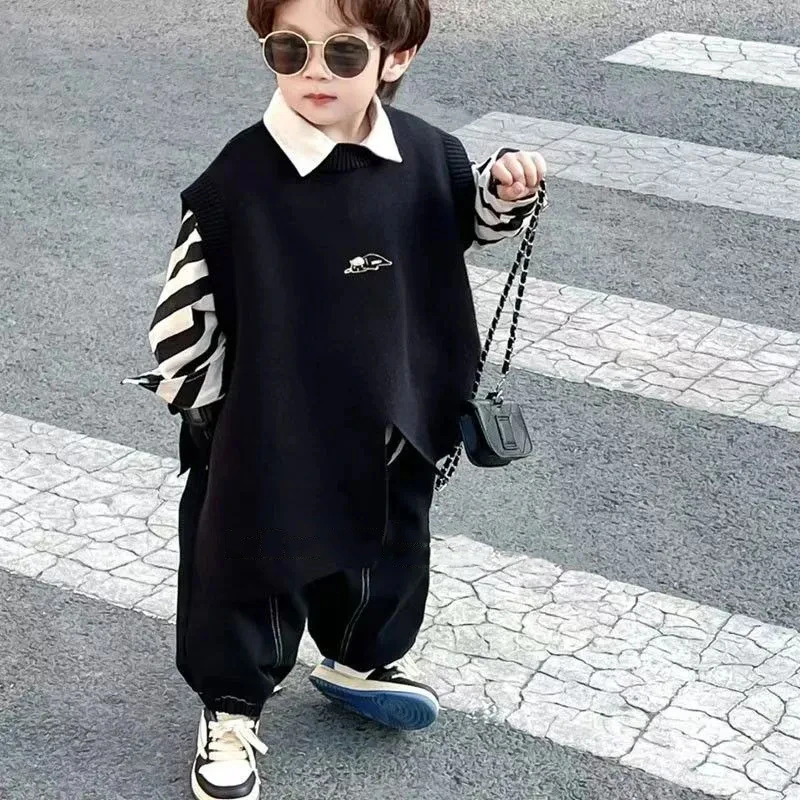 男童套装宝宝秋装儿童韩版长袖条纹衬衫长裤4-6岁痞帅洋气三件套