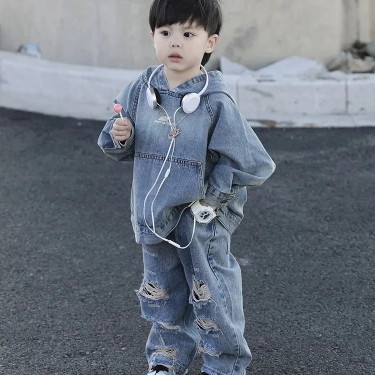 90_150男童牛仔卫衣套装春秋儿童宽松直筒牛仔裤多巴胺两件套秋季