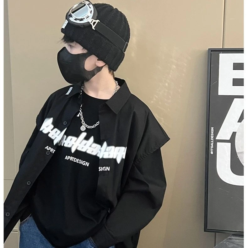 110-160 男童春秋长袖衬衫韩版嘻哈两件套上衣2025中大童街舞衬衣