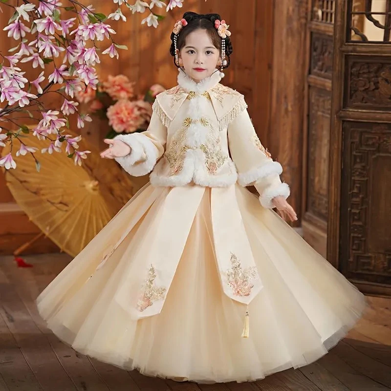 汉服女童冬款加绒保暖国风唐装女孩洋气拜年服儿童公主裙6-12岁潮