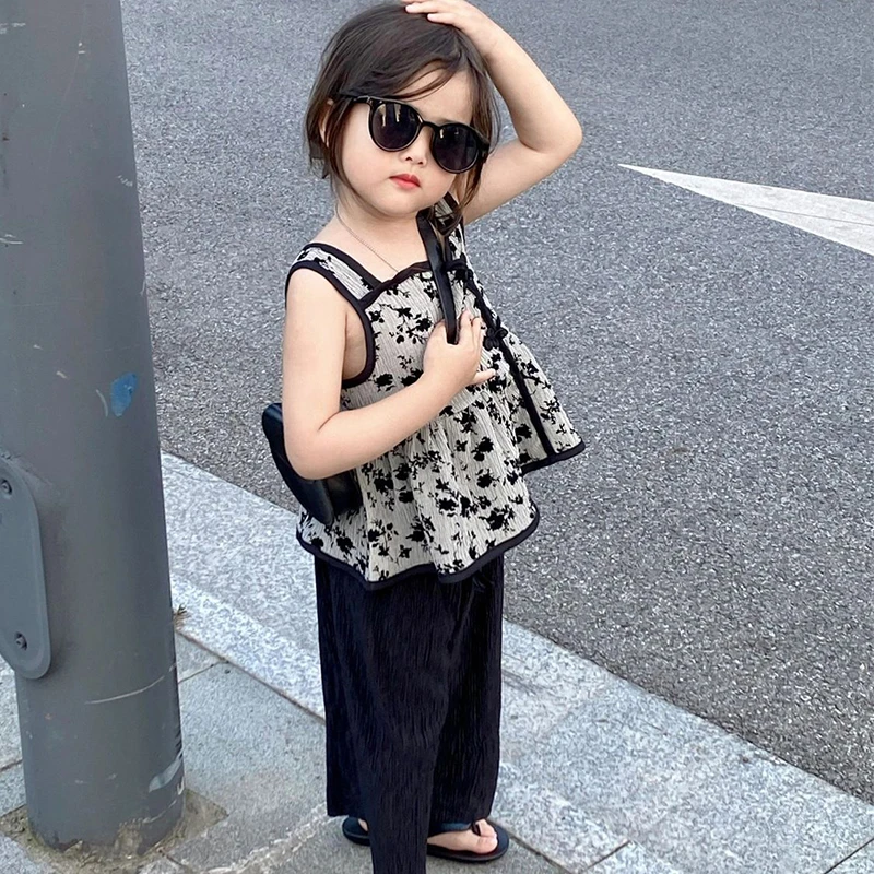 80-140女童薄款套装韩版女宝宝夏季复古印花背心洋气休闲裤两件套