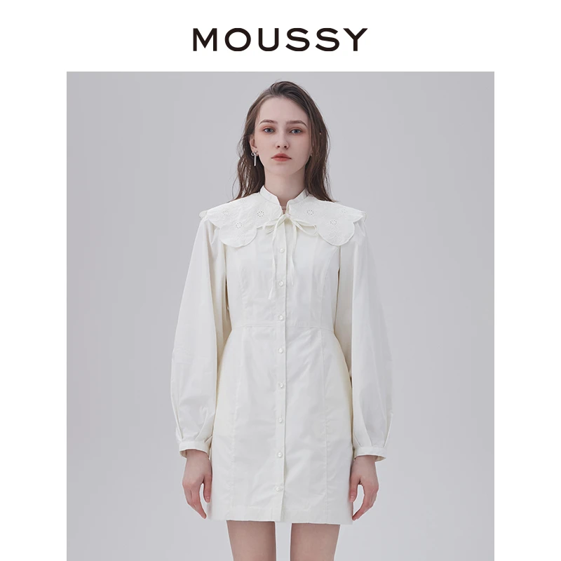 MOUSSY 新款通勤气质可拆卸领泡泡袖纯色中长款连衣裙女