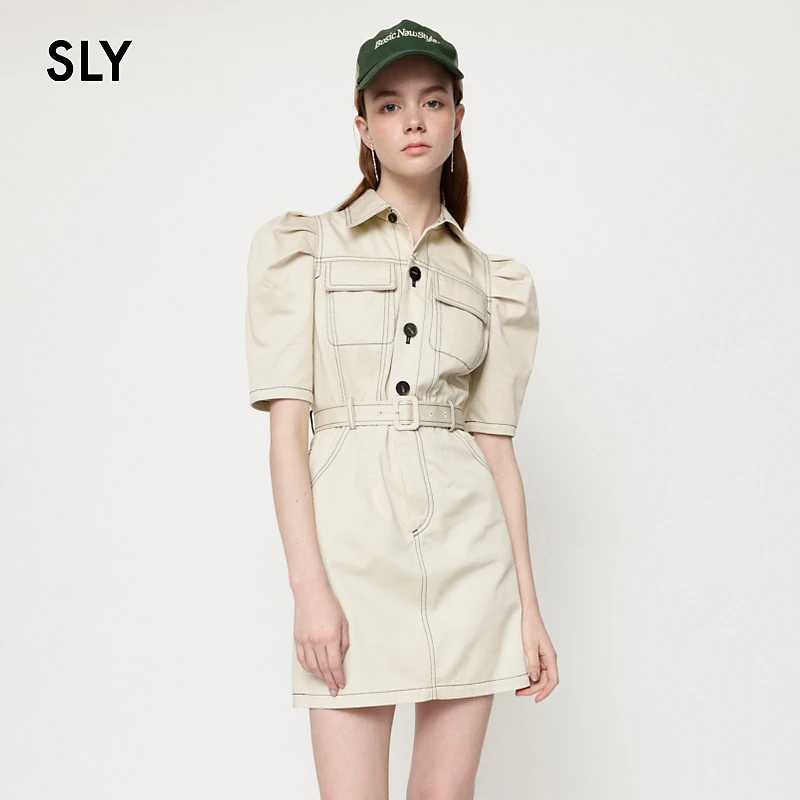SLY 夏季新款羊腿袖缝线收腰显瘦气质感短袖连衣裙030GSZ33-3690
