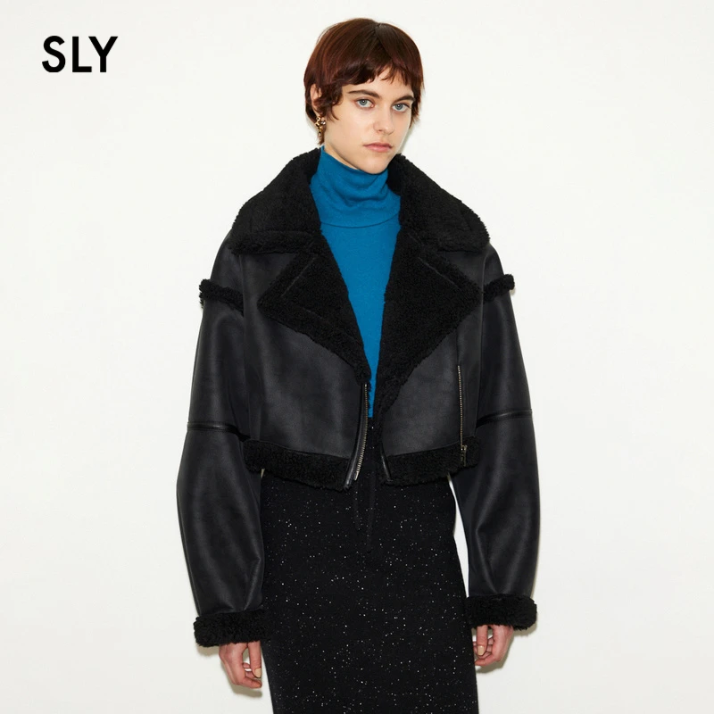 【THROW系列】SLY秋冬绒毛翻领中性风机车夹克外套030FA030-0750