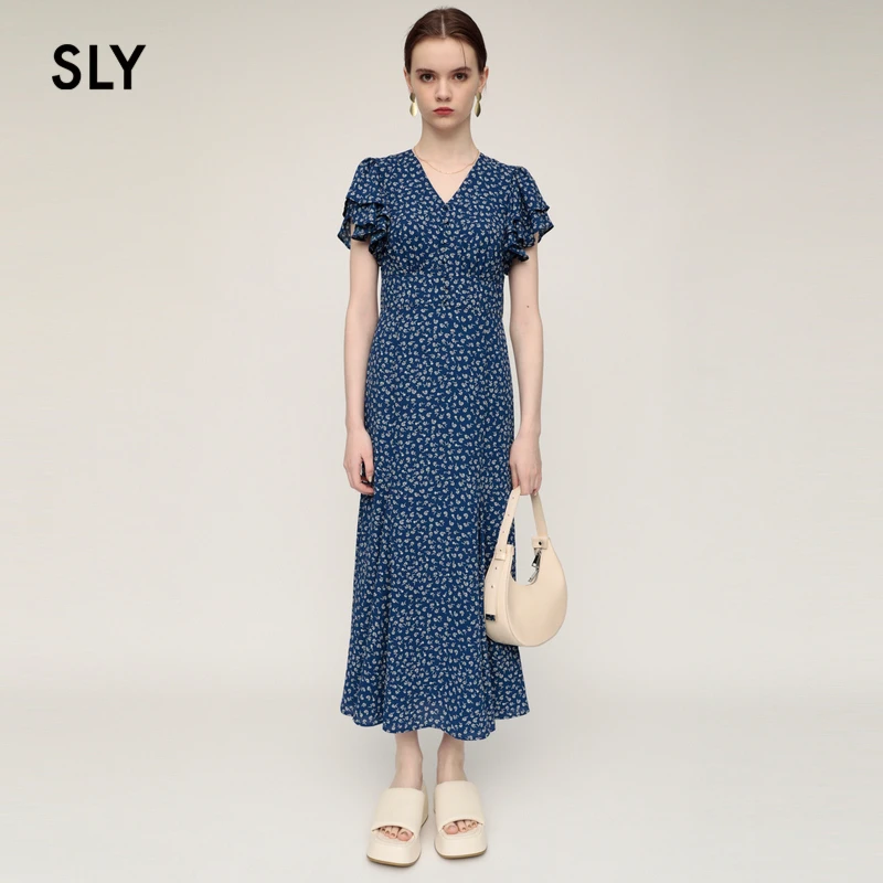 SLY 夏季新品法式度假风V领花瓣袖收腰碎花连衣裙030HAR33-5421