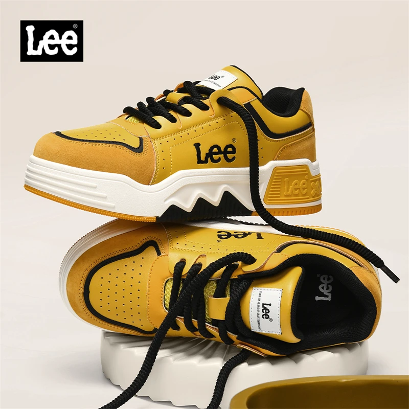 Lee官方真皮板鞋男秋季2025新款厚底拼色男士休闲鞋复古面包鞋潮
