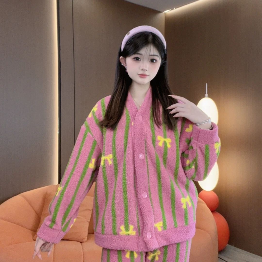 秋冬新款撞色蝴蝶结时尚休闲气质小香风睡衣家居服