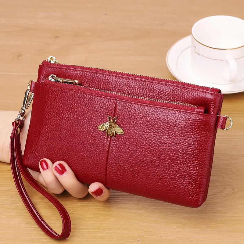 真皮手拿包女士零钱包长款放手机包中老年小包包妈妈包简约多功能