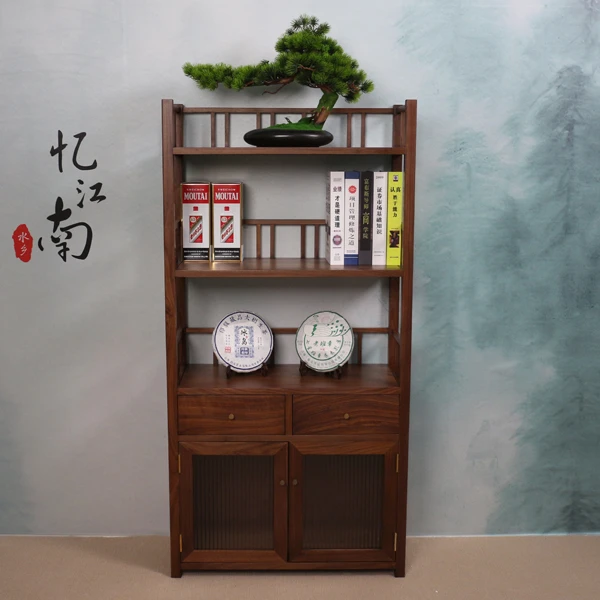 书韵博古架 黑胡桃木书柜四层博古柜双开带抽屉新中式展示柜茶室