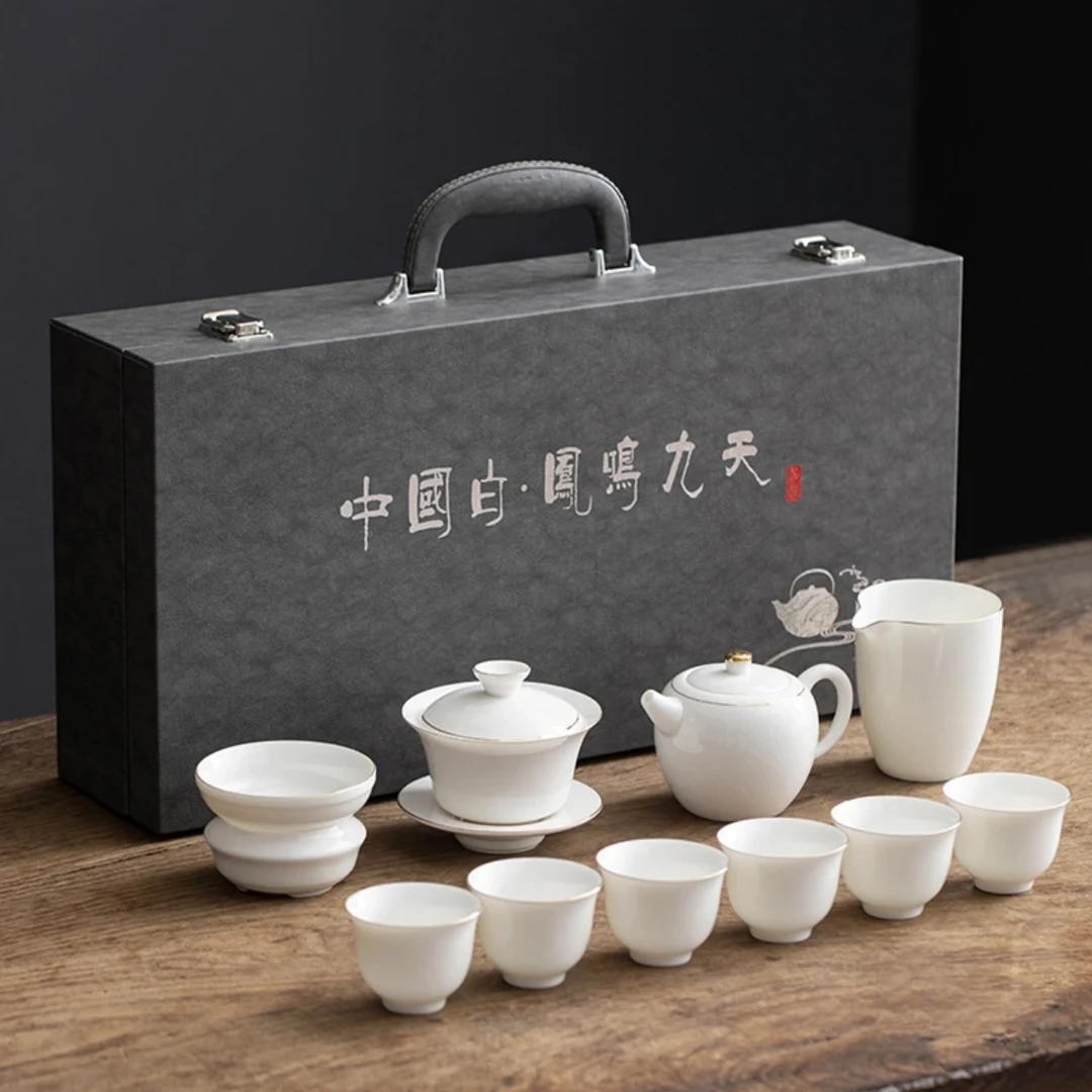 羊脂玉凤鸣壶盖碗套组茶具高档礼盒送礼办公高档礼盒装