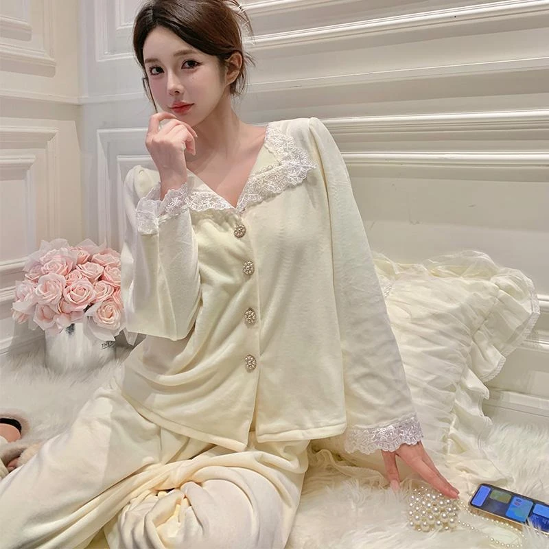 潮牌猪气质淑女睡衣女春秋冬季海岛绒可外穿高级感薄绒家居服两件