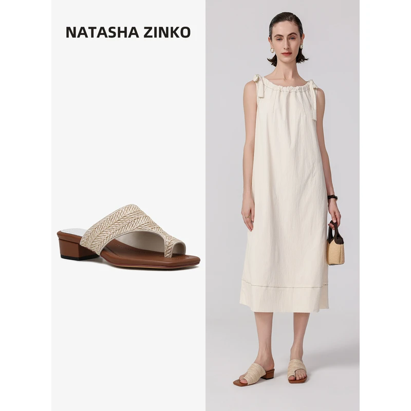 H06437拉菲草编织夹脚拖鞋女夏季外穿法式度假风粗跟凉拖