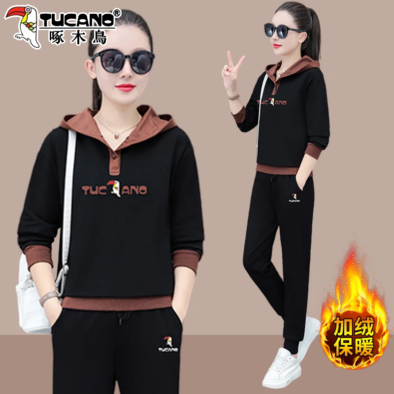 【官方】啄木鸟休闲运动装套装女秋冬季时尚妈妈连帽加绒卫衣两件套