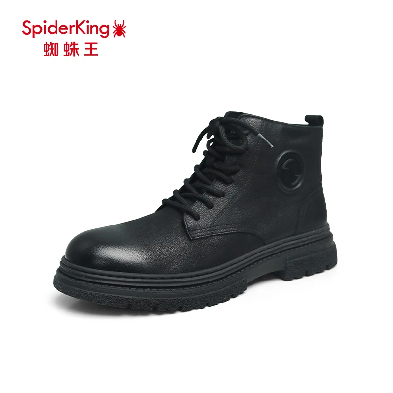 蜘蛛王男鞋秋冬季潮流百搭休闲时尚圆头系带纯色复古男士马丁靴