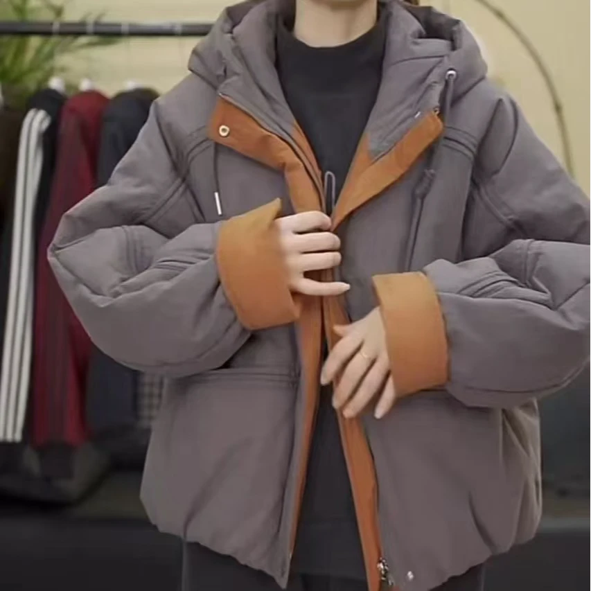 韩版高级感撞色短款连帽棉服女2024秋冬新款加厚保暖宽松外套
