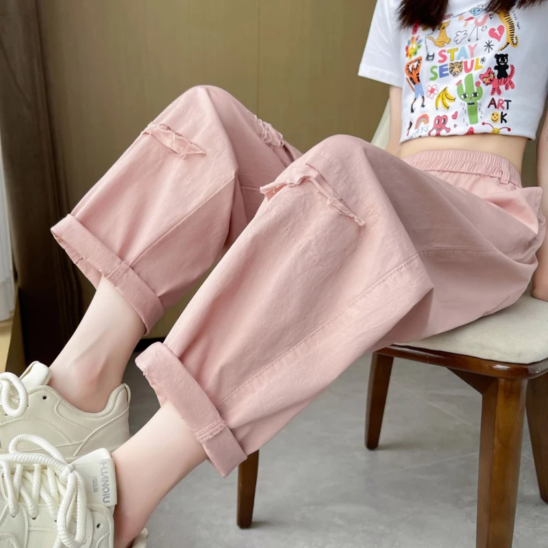 破洞冰丝哈伦裤女夏季新款小个子高腰直筒宽松休闲九分萝卜老爹裤
