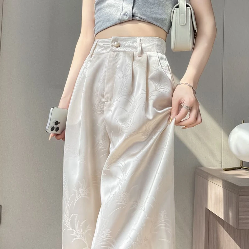 新中式国风裤子女夏季新款白色醋酸缎面阔腿裤垂感休闲凉凉冰丝裤