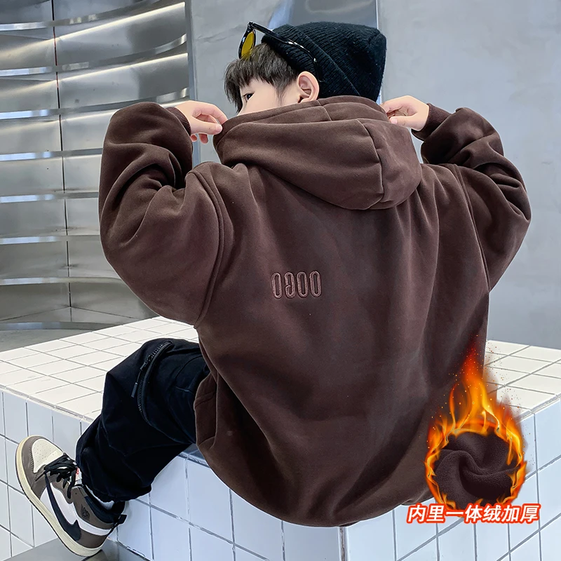 儿童装男童一体加绒卫衣秋冬款2023新款保暖冬季男孩大童加厚上衣
