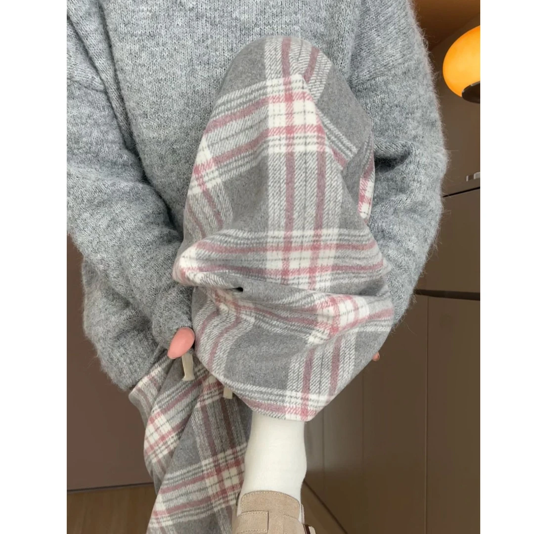 韩系软糯毛呢格子裤女秋冬季宽松遮肉显瘦宽松慵懒直筒阔腿休闲裤