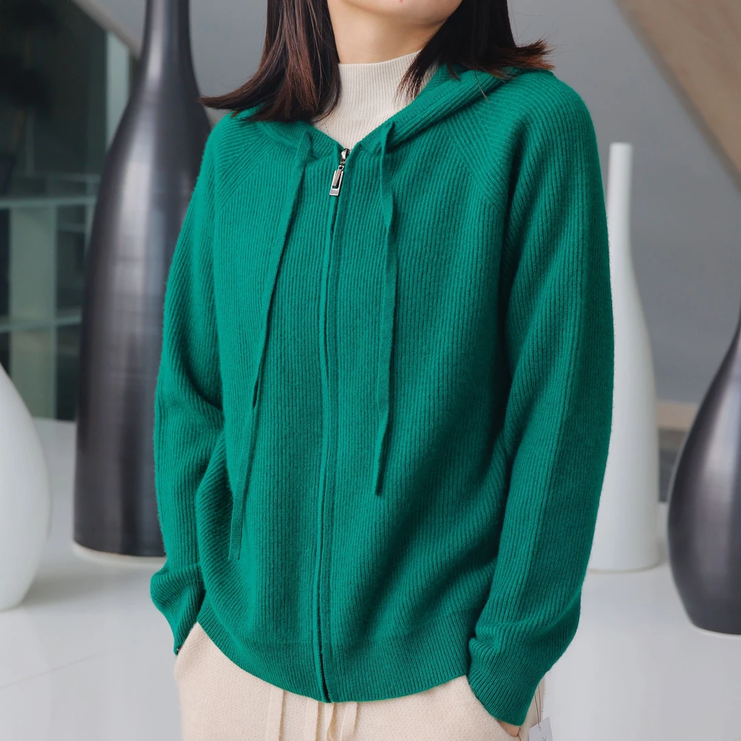 双元宝针加厚 100山羊绒通勤连帽拉链衫YXW22321