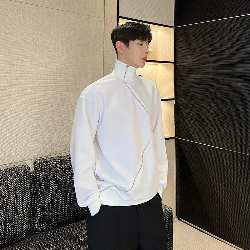春秋季个性弯曲金属双拉链设计感高领卫衣男休闲上衣轻奢打底衫